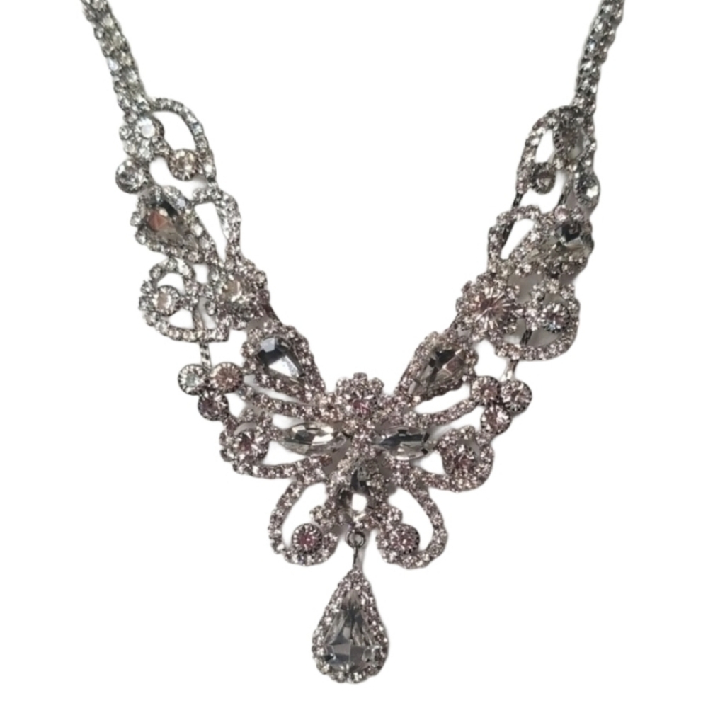 Silver Clear Prom Wedding Silver Rhinestones Necklace 22" *